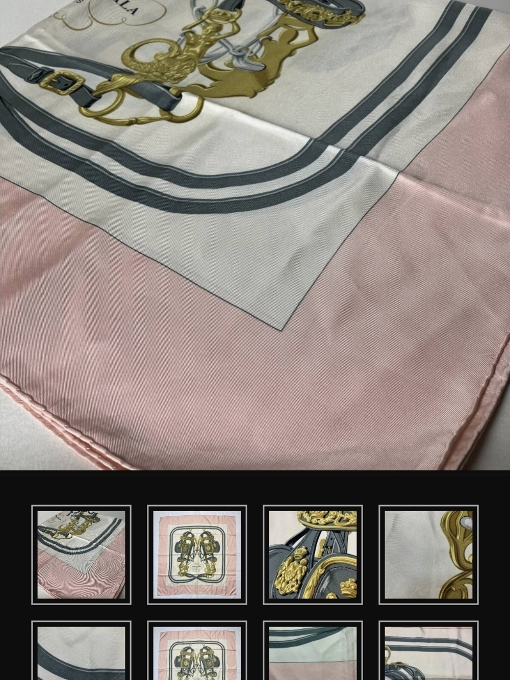 Hermes Pink, Cream & Gray Silk Scarf with Gold Equestrian Motif